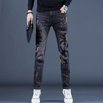 高端破洞补丁牛仔裤男款秋季2025新款直筒修身黑色裤子潮流男士潮