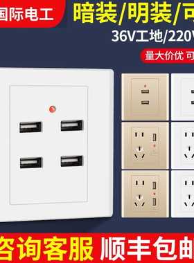 86型两位两孔双USB充电开关插座面板220V转5V四口低压36V工地宿舍