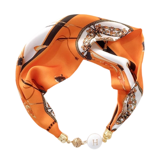 气质橘色珍珠磁吸扣长条项链丝巾女春夏季百搭装饰复古领巾高级感