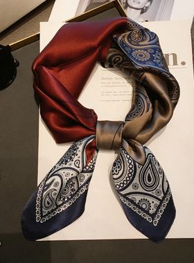 酒红腰果真丝方巾女春秋长条领巾装饰丝巾桑蚕丝百搭围巾护颈围脖