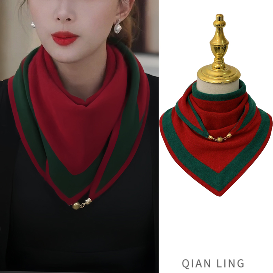 针织三角围巾女磁扣毛线围脖