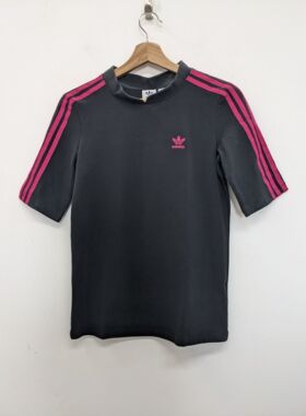 ADIDAS 三叶草小清新设计师款三条纹紫 女子经典款短袖T恤 DX4295
