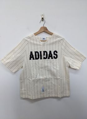 ADIDAS BASEBALL JERSEY 女子复古条纹刺绣棒球服短袖T恤 DU9895