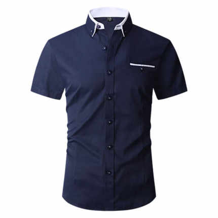衬衫男短袖士中青年职业商务正装工作寸上衣服大码免烫纯色深蓝色