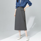 鑫阁天丝羊毛深灰半身裙春秋新款 女装 质感开叉直筒显瘦百搭中长裙