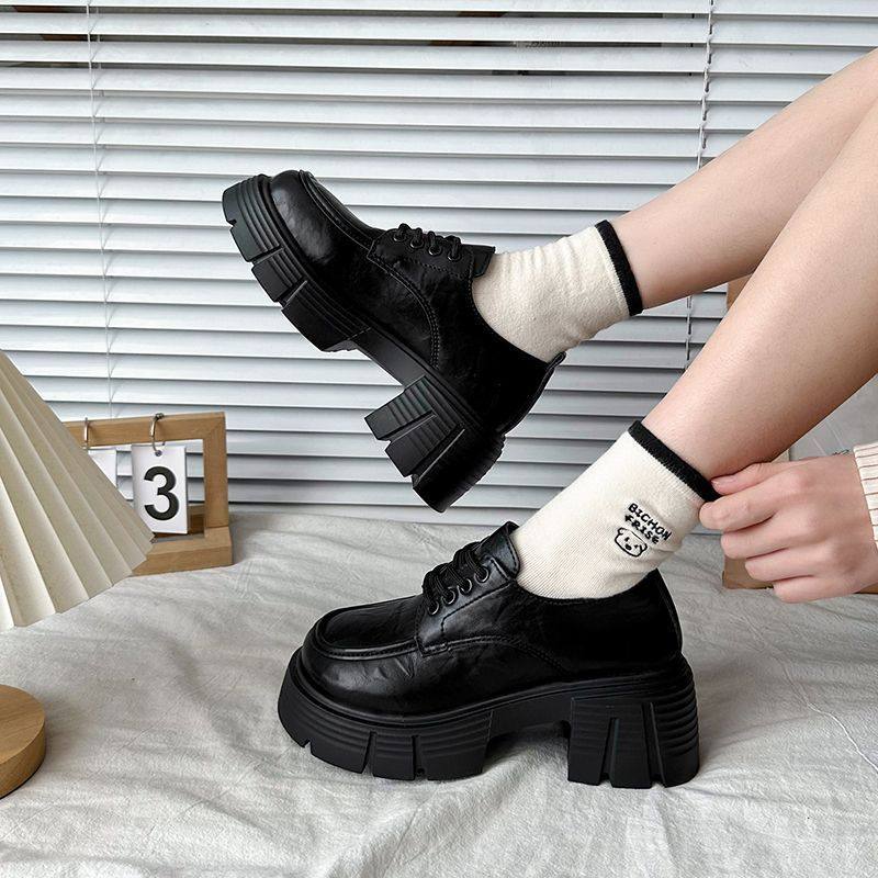 厚底增高黑色小皮鞋女2025年秋冬新款圆头百搭系带乐福单鞋女,女鞋,浅口单鞋,淘宝优惠券,粉丝福利购,淘宝优惠卷