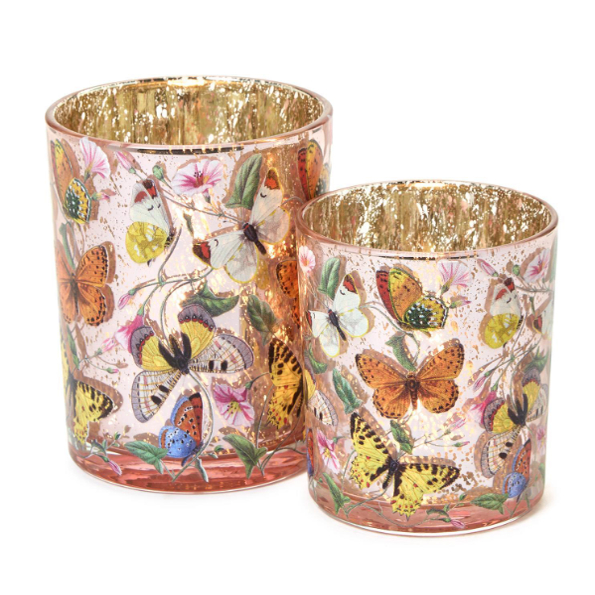 现 纽约下城公园进口粉彩水银玻璃蝴蝶轮廓仿古烛台蜡烛托一套