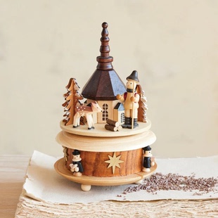 现纽约下城公园进口冬日颂歌山景小屋手工木质怀旧上弦八音盒摆件