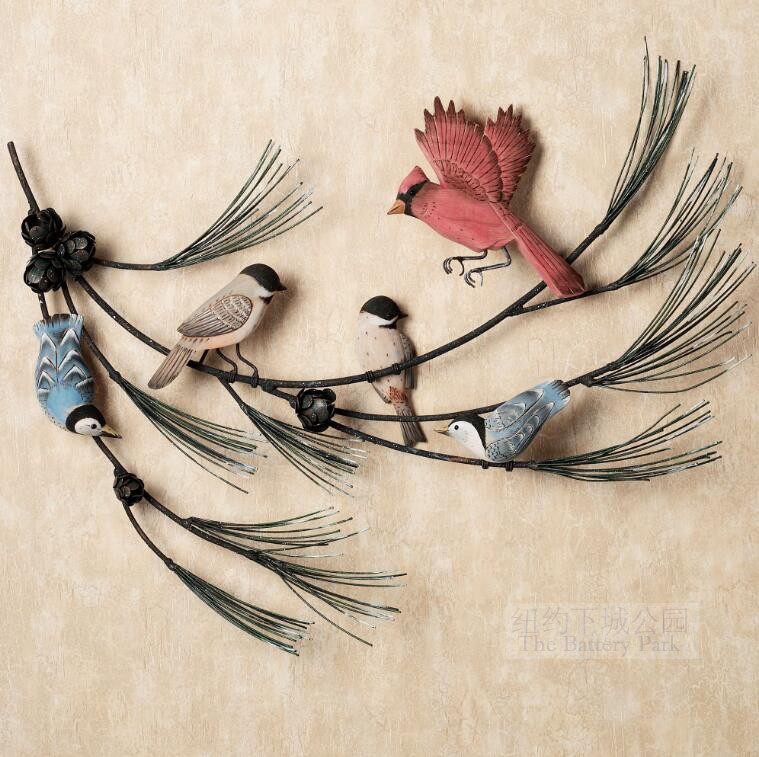 现 纽约下城公园进口手工雕刻木制红衣主教山雀和五子雀装饰壁饰