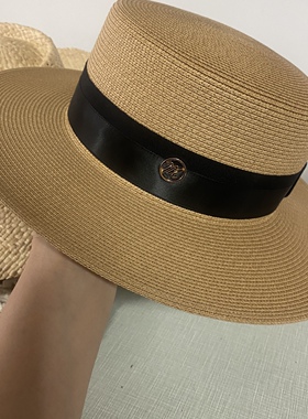 夏季新款平顶宽檐草帽质感缎面丝带出游防晒帽街头凹造型礼帽女