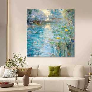 纯手绘油画莫奈睡莲客厅装 饰画方形餐厅抽象花卉壁画入户玄关挂画