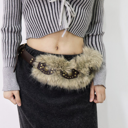 辣妹美式复古毛毛拼接亚文化腰带