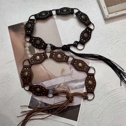 女民族风皮革拼接打结腰带