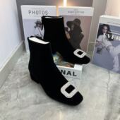 2026早春女靴方跟高帮薄绒短靴丝绒方头水钻后拉链时装 靴二棉潮靴