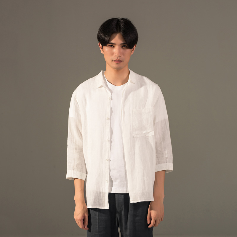 【买3免1】SENSU/森所2019夏新男亚麻衬衫七分袖时尚休闲短袖衬衣