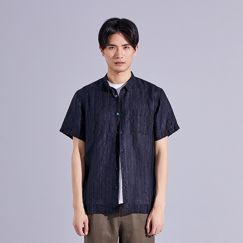 SENSU/森所条纹衬衫男短袖亚麻夏季潮流宽松休闲SC383109