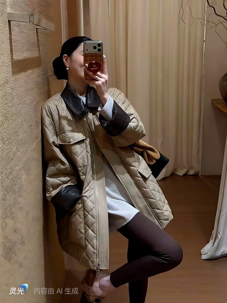 秋冬新款菱格拼接皮衣女显瘦
