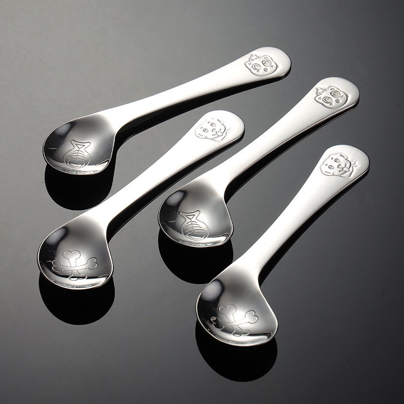 304不锈钢宝宝吃饭弯头训练勺子卡通图案创意婴儿练习调羹