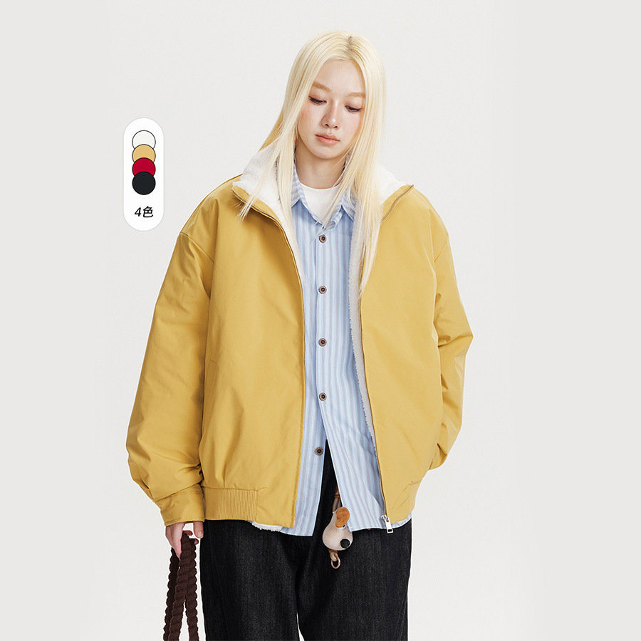 CATTEE学院风美式拼接羊羔毛棉服