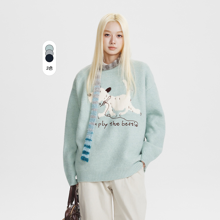 CATTEE美式复古可爱宽松套头毛衣