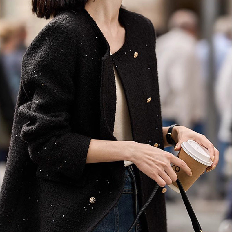 黑金双排扣羊毛羊驼粗花呢小香风外套短外套2026秋季新款女装上衣