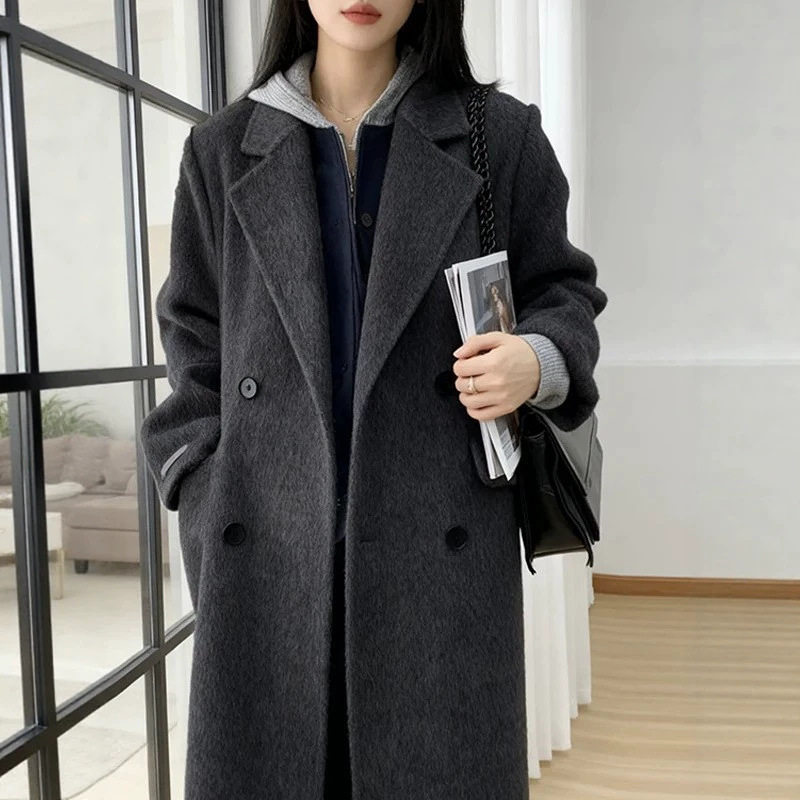 正肩小个子双面羊毛大衣女中长款2026秋冬新款黑灰色绵羊毛呢外套