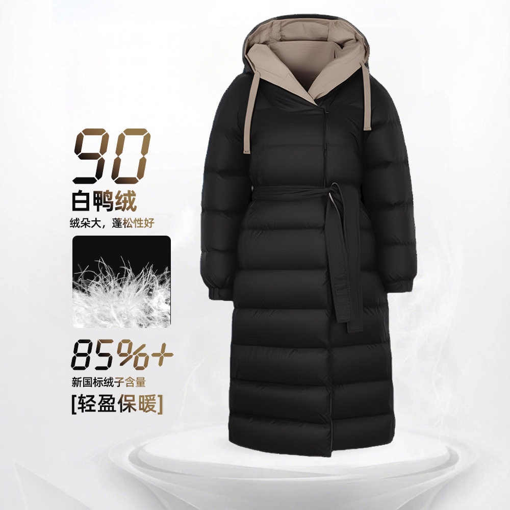 活动大促羽绒服加长款过膝白鸭绒简约气质女装新款连帽双面穿