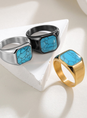 2025亚马逊热销新款饰品个性复古男士绿松石钛钢戒指指环情侣首饰