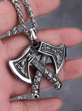 钢维京风格斧头吊坠项链男士