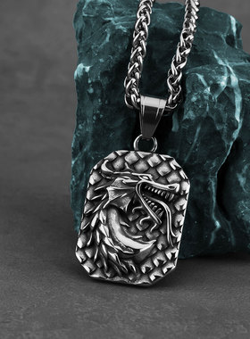 复古个性霸气方牌龙项链