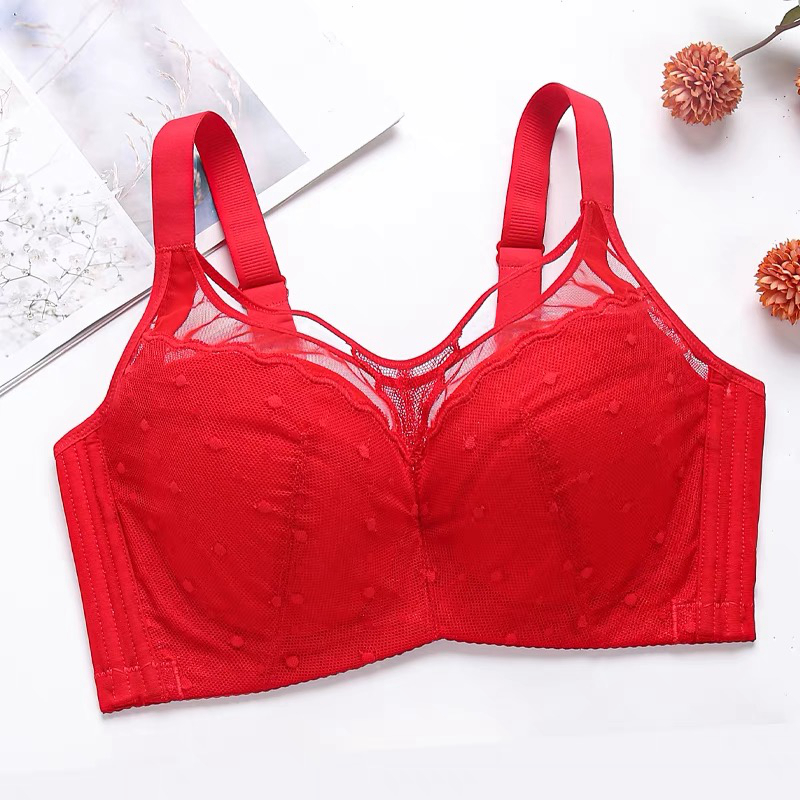蕾丝边红色调整文胸大胸显小性感