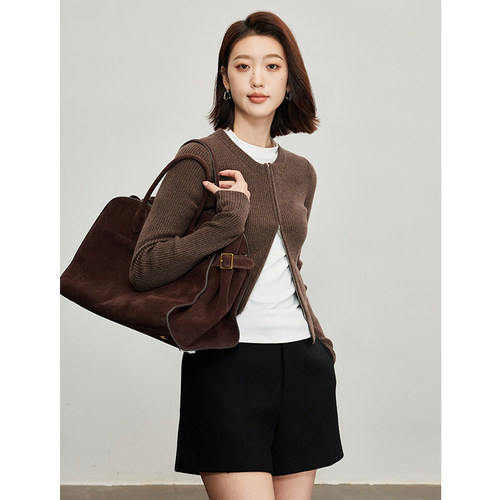 蝶之河羊毛双开拉链长袖针织开衫