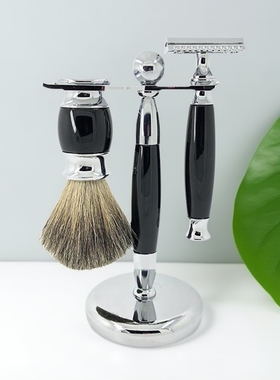 厂家现货獾毛泡沫胡刷老式手动剃须刮胡刀黑色支架套装包邮