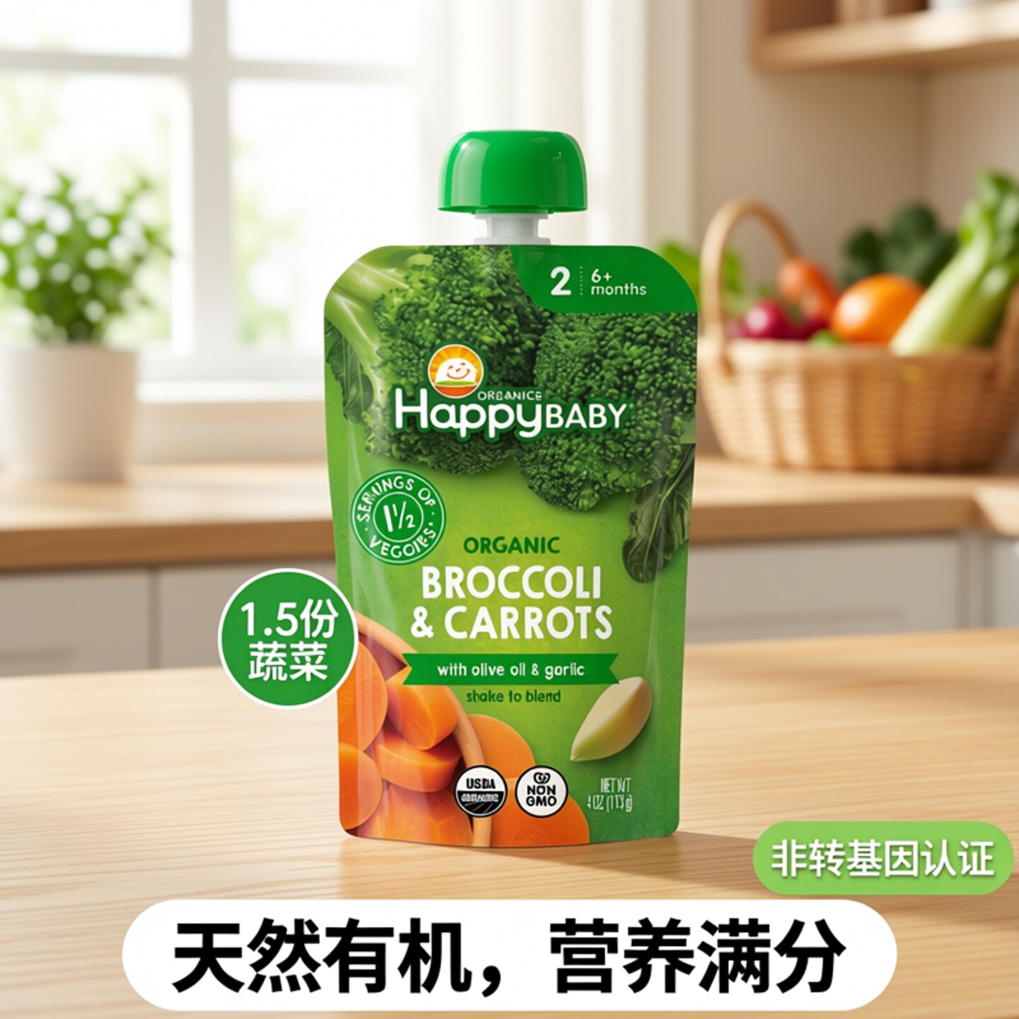 美国Happy baby禧贝有机香梨西蓝花果泥婴幼儿辅食泥113g 6月+