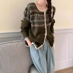 韩国chic文艺复古风设计感提花针织开衫 圆领撞色慵懒宽松 早秋新款