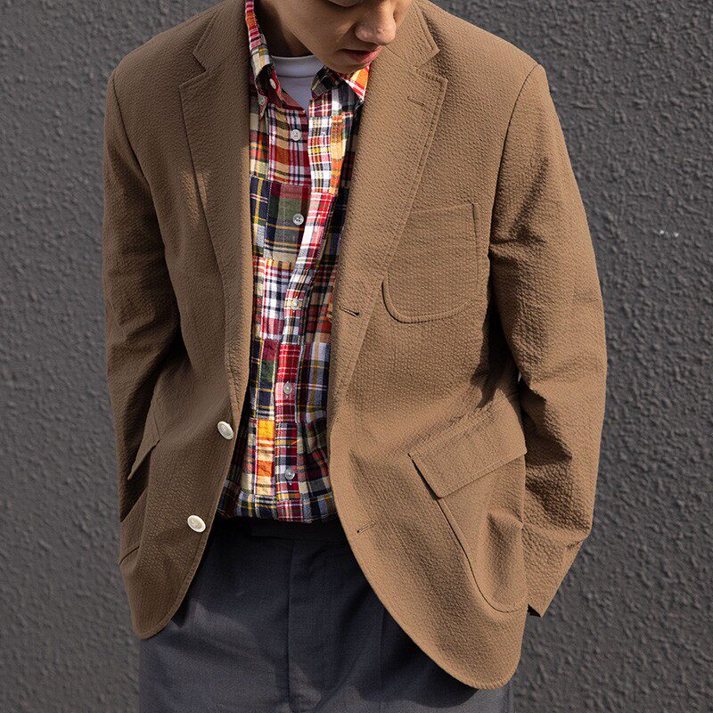 KUFFYLINK单排泡泡纱西装休闲长袖免烫单排扣ivy纯色宽松西服2024