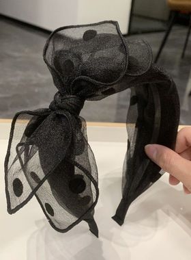 蝴蝶结波点发箍带齿防滑洋气发夹上档次宽边发卡成人网纱头箍