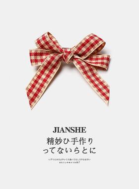 红色格子蝴蝶结发夹日韩森系甜美刘海侧边夹鸭嘴夹子碎发发卡头饰