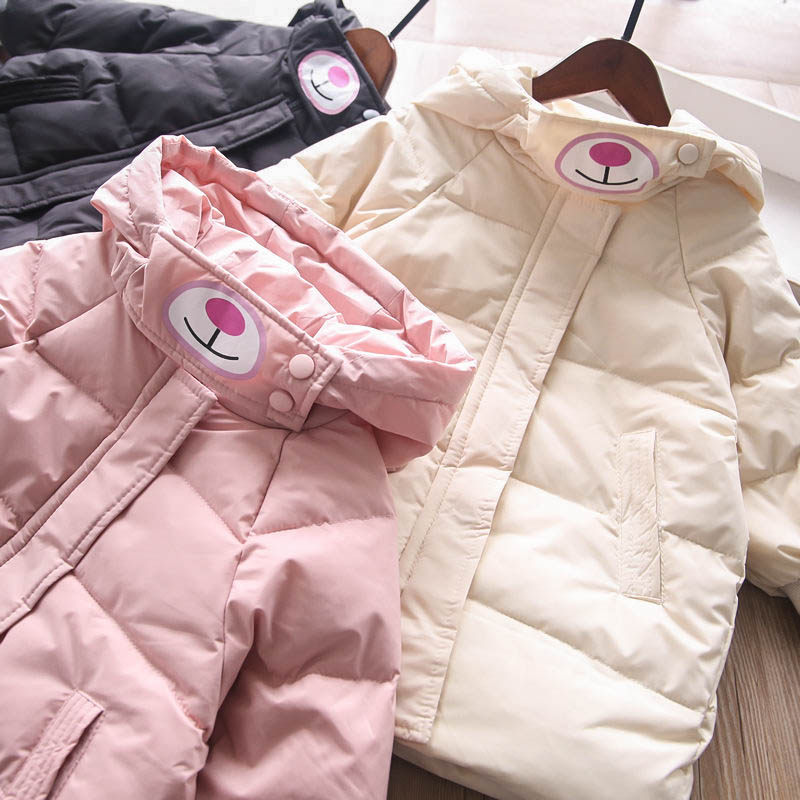 冬季新品男女童百搭纯色可爱卡通连帽压线中长款羽绒衣服儿童外套