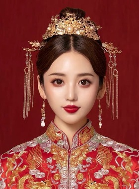 新娘秀禾头饰金色凤冠中式结婚古装流苏发饰显脸小秀禾服配饰大气