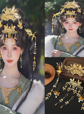 新款京城贵女明制凤冠套装古风汉服头饰流苏发饰金色重工古典发簪