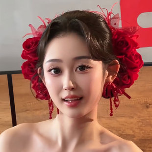 新娘红色头饰新品仿真花新中式新娘发饰晨袍发钗旗袍古典新娘头花