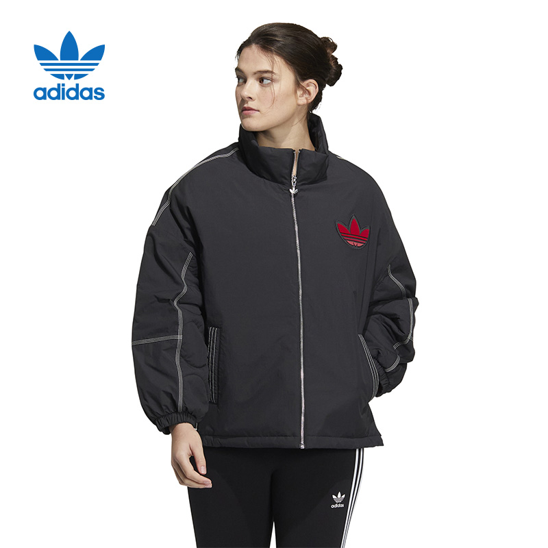 阿迪达斯黑色立领短款羽绒服女保暖拉链外套IM1702 XH