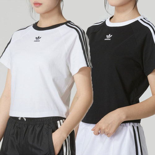 Adidas阿迪达斯三叶草女短袖T恤运动风圆领条纹短款上衣JC8704