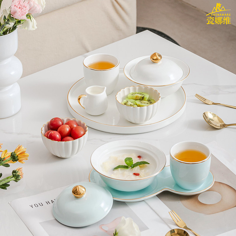 高档带盖金边燕窝炖盅美容院陶瓷商用养生粥清补凉糖水点心甜品碗