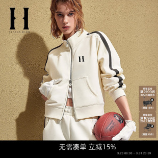 SEASONHIGH春季 女士立领卫衣双头拉链字母刺绣织带拼接上衣 新款