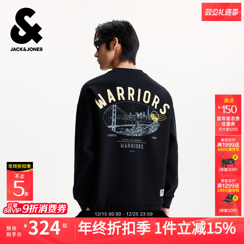 杰克琼斯NBA联名男装卫衣2025新胶印刺绣圆领落肩袖宽松卫衣秋