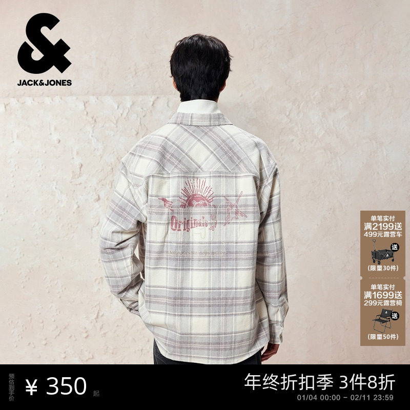 杰克琼斯男装秋季衬衫2025年新款纯棉宽松字母刺绣小格纹印花长袖