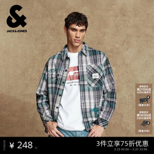 舒适纯棉刺绣贴布宽松休闲长袖 杰克琼斯男装 新款 春春季 上衣 衬衫