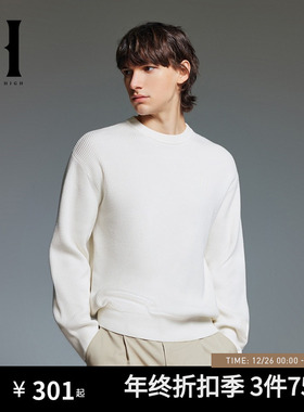 SEASON HIGH24秋冬新款圆领字母刺绣纯色毛衣简约纯棉针织衫男装